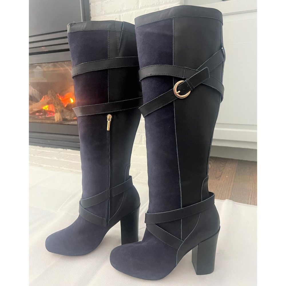 Hal Rubenstein Kalista Tall Knee High Leather Suede Boots Strappy Navy 8.5 W